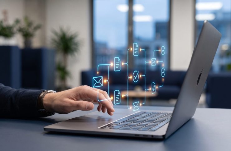 Automatisierung im Alltag: Was der 2,5-Milliarden-Dollar-Aufstieg von n8n über Delegation lehrt Editorielle Illustration eines Automatisierungs-Workflows im Startup-Büro, navy/amber/electric-blue