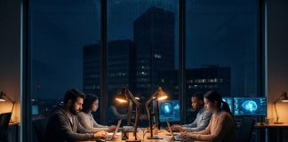 Klein gegen Konzern: Wie Parloa und Black Forest Labs mit der Lücken-Strategie gewinnen Kleines Team arbeitet nachts an KI-Modellen, im Hintergrund die Silhouette eines großen Konzern-Bürokomplexes – Symbolbild für kleines Team gegen Konzerne