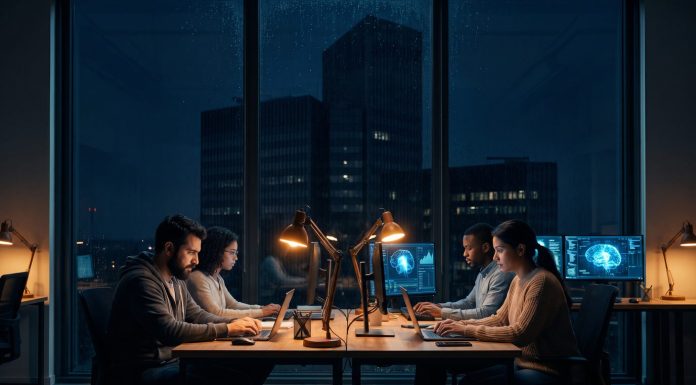 Klein gegen Konzern: Wie Parloa und Black Forest Labs mit der Lücken-Strategie gewinnen Kleines Team arbeitet nachts an KI-Modellen, im Hintergrund die Silhouette eines großen Konzern-Bürokomplexes – Symbolbild für kleines Team gegen Konzerne