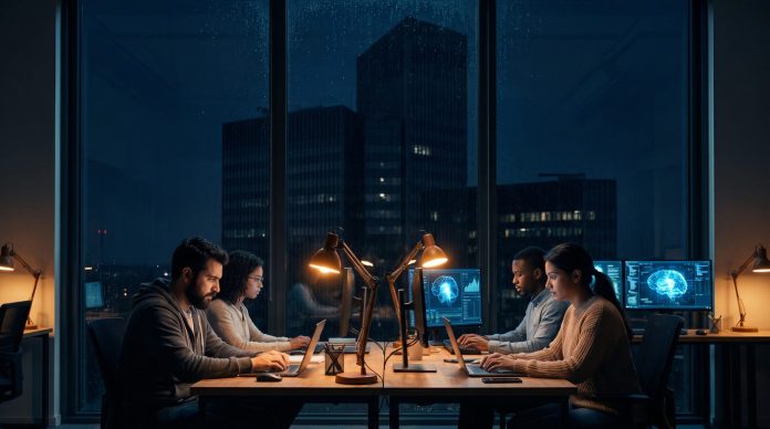 Kleines Team gegen Konzern: KI-Symbolbild Parloa Black Forest Labs Kleines Team arbeitet nachts an KI-Modellen, im Hintergrund die Silhouette eines großen Konzern-Bürokomplexes – Symbolbild für kleines Team gegen Konzerne