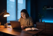 Vom Side Hustle zum Hauptberuf: Wann sich der Sprung in die Vollzeit-Selbstständigkeit wirklich lohnt Gründerin arbeitet abends am Laptop an ihrem Side-Hustle-Projekt neben dem Hauptjob, editorielle Szene in VentureView-Markenfarben