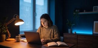 Vom Side Hustle zum Hauptberuf: Wann sich der Sprung in die Vollzeit-Selbstständigkeit wirklich lohnt Gründerin arbeitet abends am Laptop an ihrem Side-Hustle-Projekt neben dem Hauptjob, editorielle Szene in VentureView-Markenfarben