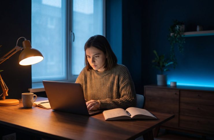 Vom Side Hustle zum Hauptberuf: Wann sich der Sprung in die Vollzeit-Selbstständigkeit wirklich lohnt Gründerin arbeitet abends am Laptop an ihrem Side-Hustle-Projekt neben dem Hauptjob, editorielle Szene in VentureView-Markenfarben