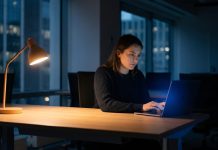 Burnout bei jungen Gründern: Warum die Belastung wächst – und wie du früh gegensteuerst Junge Gründerin arbeitet spät abends allein am Laptop – Symbolbild für Burnout bei jungen Gründern