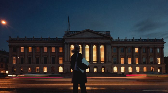 2,08 Millionen Gewinn mit frei zugänglichen Daten: Der North-Data-Deal Klassizistisches Börsengebäude zur blauen Stunde mit warm erleuchteten Fenstern, Lichtspuren des Verkehrs auf nasser Straße und einer Person mit Laptoptasche im Vordergrund