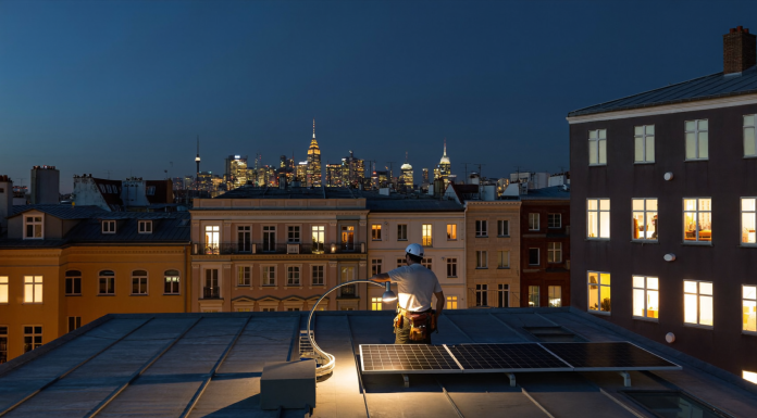 100 Millionen Dollar Kredit statt Series B: Wie Cloover mit 301 Millionen Umsatz profitabel wurde Anonymer Installateur montiert bei Dämmerung ein Photovoltaikmodul auf einem Berliner Altbaudach, im Hintergrund beleuchtete Wohnhäuser