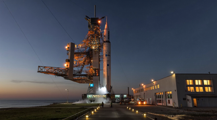 350 Millionen Auftragsbuch bei 125 Millionen Kapital: Was HyImpulse anders macht Weiße suborbitale Rakete steht bei Dämmerung auf einer Startrampe an einem nordeuropäischen Küsten-Startplatz, im Vordergrund Kryo-Dampf und zwei anonyme Techniker in Warnwesten, im Hintergrund ein bernsteinfarben beleuchtetes Kontrollgebäude