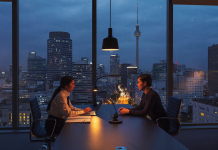 Empion an Factorial: Was der stille Exit wirklich zeigt Zwei Personen sitzen zur blauen Stunde an einem Konferenztisch in einem Berliner Büro, im Hintergrund die Skyline mit Fernsehturm und warme Lichtspuren der Stadt