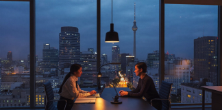 Empion an Factorial: Was der stille Exit wirklich zeigt Zwei Personen sitzen zur blauen Stunde an einem Konferenztisch in einem Berliner Büro, im Hintergrund die Skyline mit Fernsehturm und warme Lichtspuren der Stadt