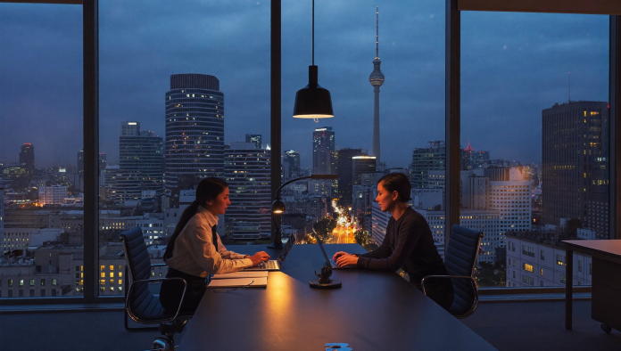 Berliner Büro zur blauen Stunde — Übernahmegespräch Zwei Personen sitzen zur blauen Stunde an einem Konferenztisch in einem Berliner Büro, im Hintergrund die Skyline mit Fernsehturm und warme Lichtspuren der Stadt