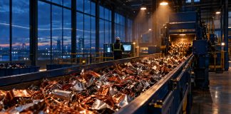 131,7 Millionen Kredit bei 103 Millionen Handelsvolumen: Was Metycle wirklich finanziert Kupfer- und Aluminiumschrott auf einem navyblauen Sortierband in einer Recyclinganlage zur blauen Stunde, warmes Bernsteinlicht der Arbeitsleuchten, im Hintergrund ein Mitarbeiter am Kontrollterminal