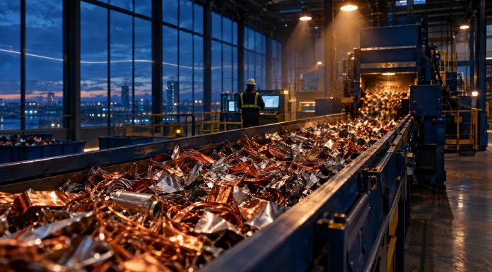 131,7 Millionen Kredit bei 103 Millionen Handelsvolumen: Was Metycle wirklich finanziert Kupfer- und Aluminiumschrott auf einem navyblauen Sortierband in einer Recyclinganlage zur blauen Stunde, warmes Bernsteinlicht der Arbeitsleuchten, im Hintergrund ein Mitarbeiter am Kontrollterminal