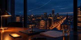 2,5 Prozent fürs Firmengeld: Was Trade Republics GmbH-Depot wirklich bringt Dunkler Holzschreibtisch mit Smartphone, messingfarbenem Firmenstempel und Unterlagen vor einer Fensterfront mit nächtlicher Stadtsilhouette in der blauen Stunde