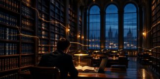 100 Millionen für Noxtua – und der Verlag hält jetzt die Mehrheit Historischer Lesesaal einer Rechtsbibliothek zur blauen Stunde: dunkelblaue Kommentarbände, eine bernsteinfarbene Schreibtischlampe und eine junge Person mit Laptop vor hohen Bogenfenstern