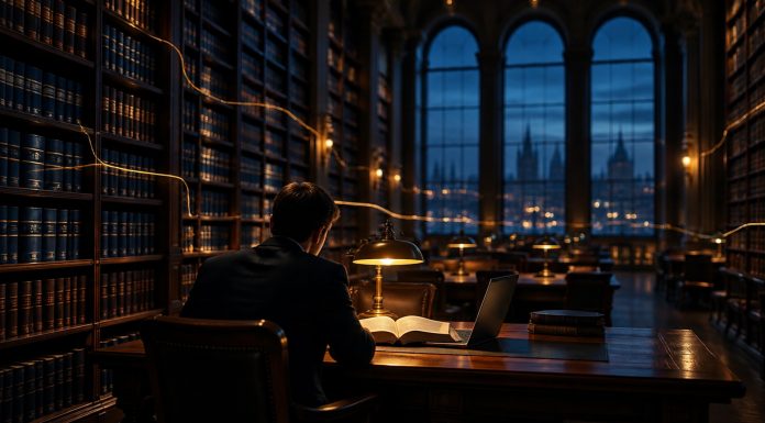 100 Millionen für Noxtua – und der Verlag hält jetzt die Mehrheit Historischer Lesesaal einer Rechtsbibliothek zur blauen Stunde: dunkelblaue Kommentarbände, eine bernsteinfarbene Schreibtischlampe und eine junge Person mit Laptop vor hohen Bogenfenstern