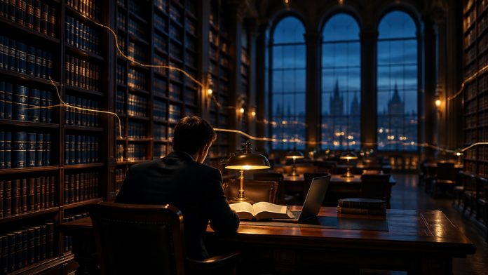 Noxtua und C.H.BECK: Rechtsbibliothek zur blauen Stunde Historischer Lesesaal einer Rechtsbibliothek zur blauen Stunde: dunkelblaue Kommentarbände, eine bernsteinfarbene Schreibtischlampe und eine junge Person mit Laptop vor hohen Bogenfenstern