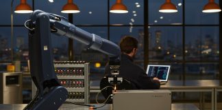 Zwölf Leute, 30 Millionen Dollar: Was Enact aus Zürich den Investoren versprochen hat Navyblauer Roboterarm steckt an einer Werkbank einen Kabelstecker in ein Steuermodul, im Hintergrund ein Ingenieur am Laptop und die Zürcher Skyline zur blauen Stunde