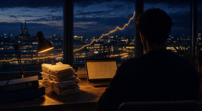 6 Millionen für mika: Was KI in der deutschen Buchhaltung wirklich darf Stapel Papierbelege und Aktenordner neben einem Laptop mit digitalem Buchhaltungsjournal, dahinter eine deutsche Stadt zur blauen Stunde