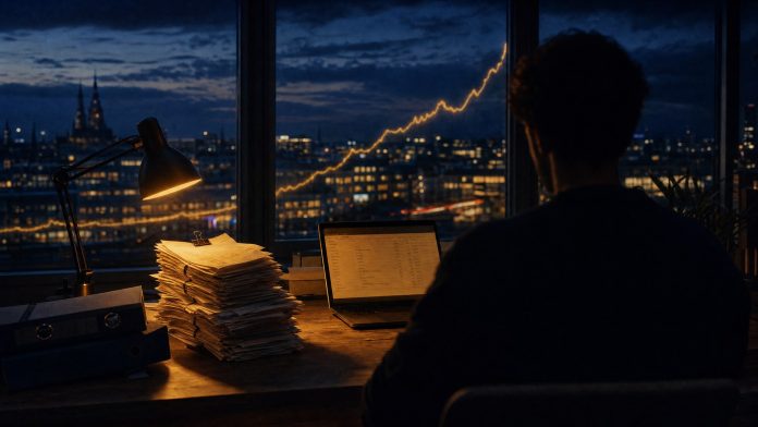 Belegstapel und digitales Hauptbuch im Büro zur blauen Stunde Stapel Papierbelege und Aktenordner neben einem Laptop mit digitalem Buchhaltungsjournal, dahinter eine deutsche Stadt zur blauen Stunde