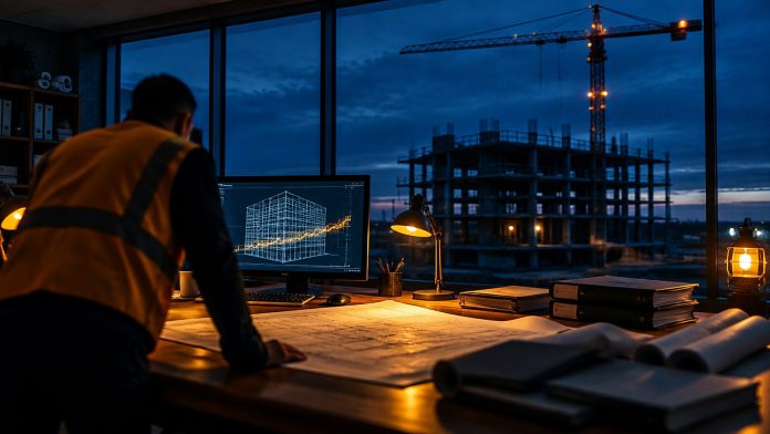 Bauleitung prüft Ausschreibungsunterlagen im Baustellenbüro zur blauen Stunde Baustellenbüro in der Dämmerung: Eine Person in Warnweste beugt sich über ausgerollte Baupläne und Ausschreibungsordner, daneben ein Monitor mit Gebäudemodell, draußen ein Rohbau mit beleuchtetem Baukran.