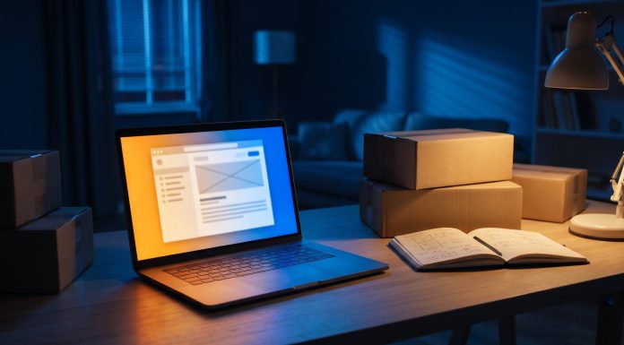 MVP: Warum dein erstes Produkt absichtlich unfertig sein muss Minimalistischer Startup-Arbeitsplatz mit Laptop und Kartons als Symbol für ein bewusst unfertiges MVP