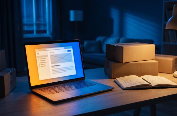 MVP: Warum dein erstes Produkt absichtlich unfertig sein muss Minimalistischer Startup-Arbeitsplatz mit Laptop und Kartons als Symbol für ein bewusst unfertiges MVP