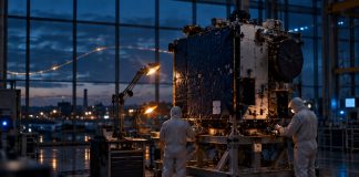 Nvidia kauft sich in vier deutsche Startups ein – deutsches Kapital liegt bei 0,1 Prozent Zwei Technikerinnen in weißen Reinraumanzügen arbeiten in der blauen Stunde an einem Satelliten in einer deutschen Fertigungshalle, warme Arbeitsleuchten vor dunkelblauem Abendhimmel.