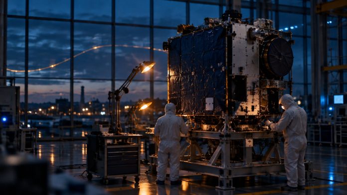 Satellitenintegration in einer deutschen Fertigungshalle zur blauen Stunde Zwei Technikerinnen in weißen Reinraumanzügen arbeiten in der blauen Stunde an einem Satelliten in einer deutschen Fertigungshalle, warme Arbeitsleuchten vor dunkelblauem Abendhimmel.
