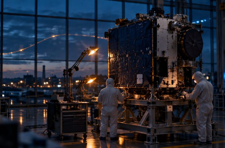 Nvidia kauft sich in vier deutsche Startups ein – deutsches Kapital liegt bei 0,1 Prozent Zwei Technikerinnen in weißen Reinraumanzügen arbeiten in der blauen Stunde an einem Satelliten in einer deutschen Fertigungshalle, warme Arbeitsleuchten vor dunkelblauem Abendhimmel.