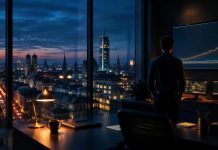 Peter Thiels Monopol-These: Was Celonis beweist – und warum der deutsche Staat dagegenhält Analystin blickt in einem Münchner Büro zur blauen Stunde auf eine steil steigende Marktanteilskurve, draußen überragt ein beleuchteter Turm die Skyline