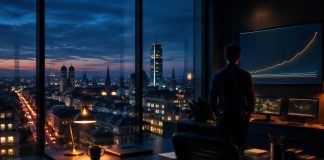 Peter Thiels Monopol-These: Was Celonis beweist – und warum der deutsche Staat dagegenhält Analystin blickt in einem Münchner Büro zur blauen Stunde auf eine steil steigende Marktanteilskurve, draußen überragt ein beleuchteter Turm die Skyline