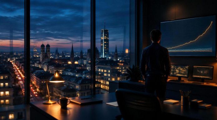 Peter Thiels Monopol-These: Was Celonis beweist – und warum der deutsche Staat dagegenhält Analystin blickt in einem Münchner Büro zur blauen Stunde auf eine steil steigende Marktanteilskurve, draußen überragt ein beleuchteter Turm die Skyline