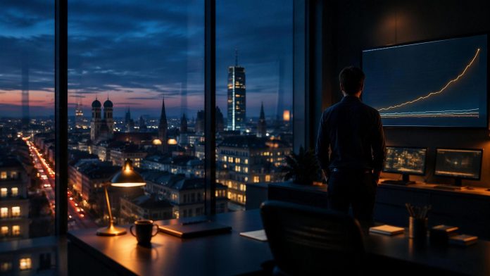 Münchner Analyse-Büro zur blauen Stunde mit dominantem Hochhaus und steigender Marktanteilskurve Analystin blickt in einem Münchner Büro zur blauen Stunde auf eine steil steigende Marktanteilskurve, draußen überragt ein beleuchteter Turm die Skyline