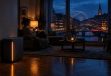 5,9 Prozent Smart Meter: Was Rabot Energy mit 50 Millionen Euro wirklich kauft Kompakter Steckdosen-Stromspeicher mit bernsteinfarbener Statusleuchte in einer Hamburger Altbauwohnung, im Hintergrund die abendliche Stadt und ein Kanal zur blauen Stunde