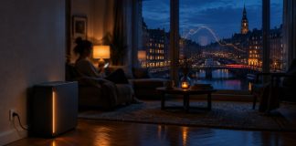 5,9 Prozent Smart Meter: Was Rabot Energy mit 50 Millionen Euro wirklich kauft Kompakter Steckdosen-Stromspeicher mit bernsteinfarbener Statusleuchte in einer Hamburger Altbauwohnung, im Hintergrund die abendliche Stadt und ein Kanal zur blauen Stunde