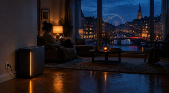 5,9 Prozent Smart Meter: Was Rabot Energy mit 50 Millionen Euro wirklich kauft Kompakter Steckdosen-Stromspeicher mit bernsteinfarbener Statusleuchte in einer Hamburger Altbauwohnung, im Hintergrund die abendliche Stadt und ein Kanal zur blauen Stunde