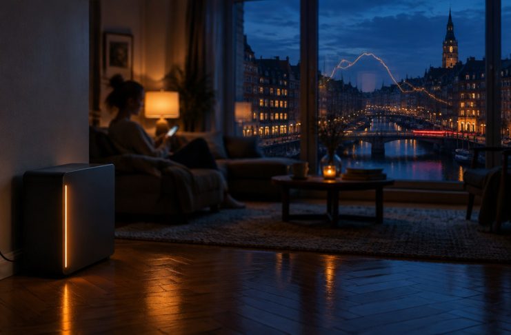 5,9 Prozent Smart Meter: Was Rabot Energy mit 50 Millionen Euro wirklich kauft Kompakter Steckdosen-Stromspeicher mit bernsteinfarbener Statusleuchte in einer Hamburger Altbauwohnung, im Hintergrund die abendliche Stadt und ein Kanal zur blauen Stunde